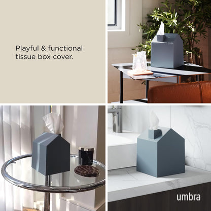 Umbra Caja de pañuelos Decorativa – Dispensador de pañuelos Moderno y Decorativo para baño, Oficina, Dormitorio y más, Color Azul Pizarra, 13 x 13 x 17 cm