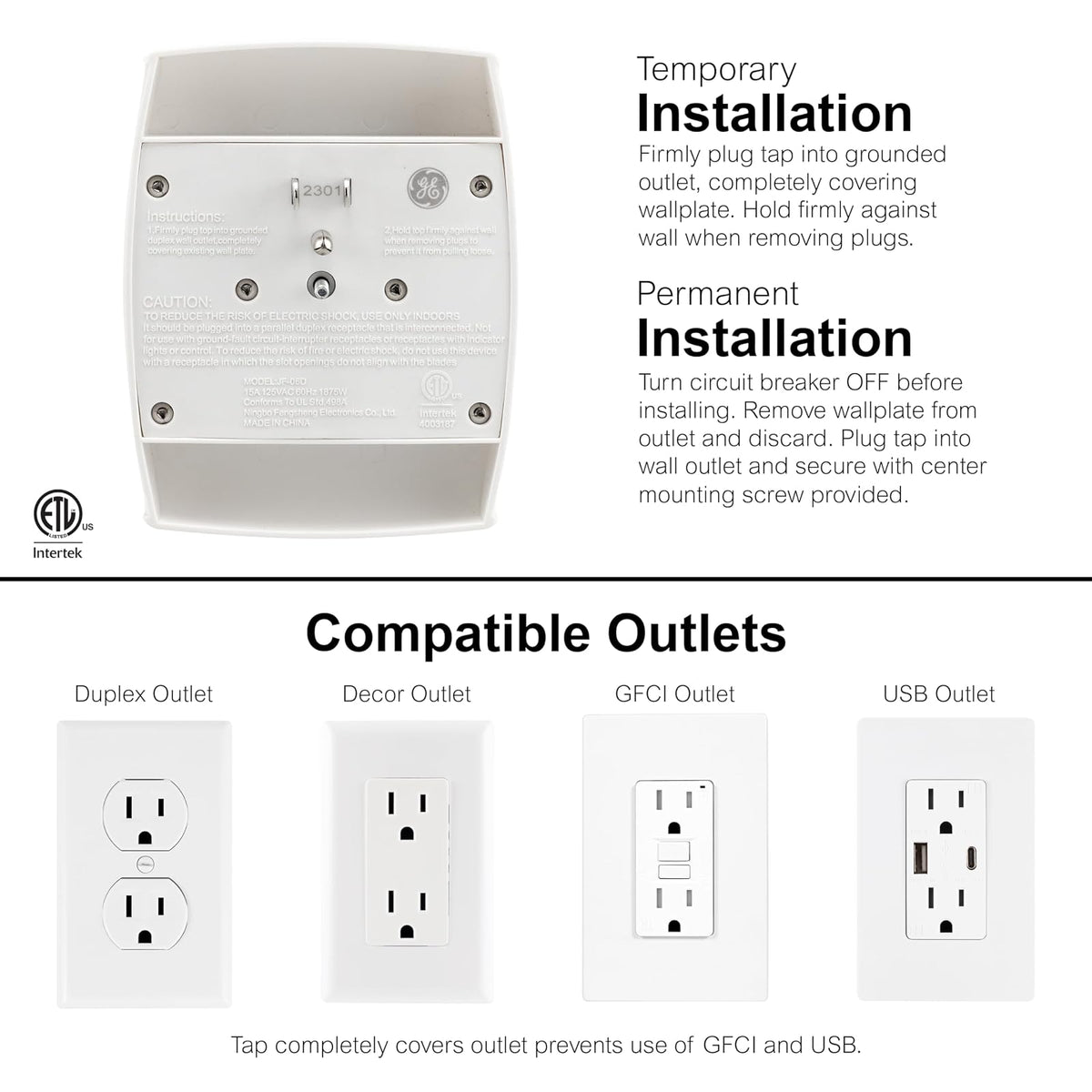 GE 6-Outlet Extender Wall Tap, 2 Pack, Grounded Adapter, Charging Station, 3-Prong, Secure Install, UL Listed, White, 46852