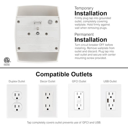 GE 6-Outlet Extender Wall Tap, 2 Pack, Grounded Adapter, Charging Station, 3-Prong, Secure Install, UL Listed, White, 46852