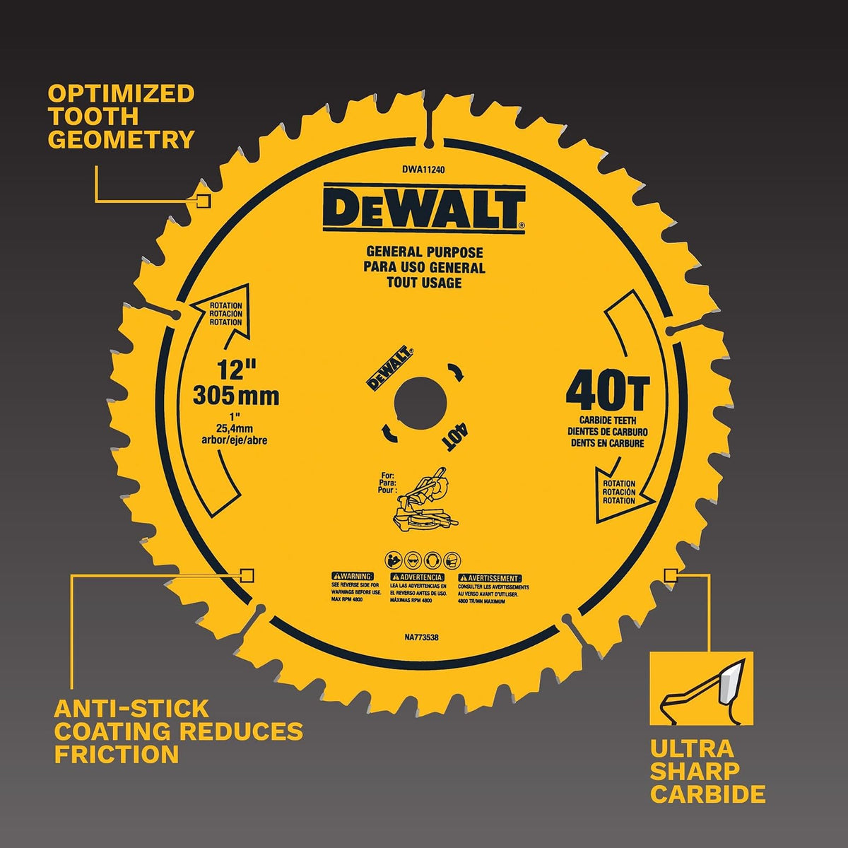 DEWALT 12 pulgadas. Hoja de sierra de uso general 40T (DWA11240)
