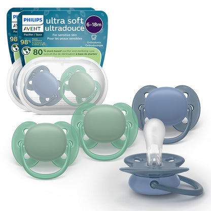 Philips Avent - Chupones ultra suaves, diseño ortodóntico, para bebés de 6 a 18 meses, escudo flexible, pezón simétrico de silicona, sin BPA, 2 fundas esterilizadoras, paquete de 4, SCF091/51