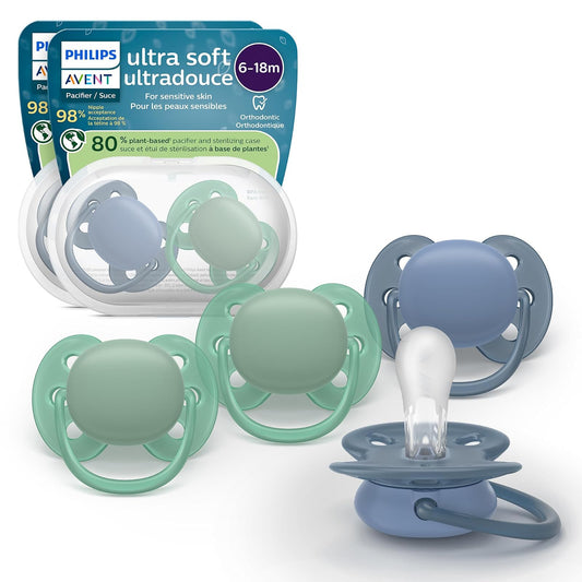 Philips Avent - Chupones ultra suaves, diseño ortodóntico, para bebés de 6 a 18 meses, escudo flexible, pezón simétrico de silicona, sin BPA, 2 fundas esterilizadoras, paquete de 4, SCF091/51