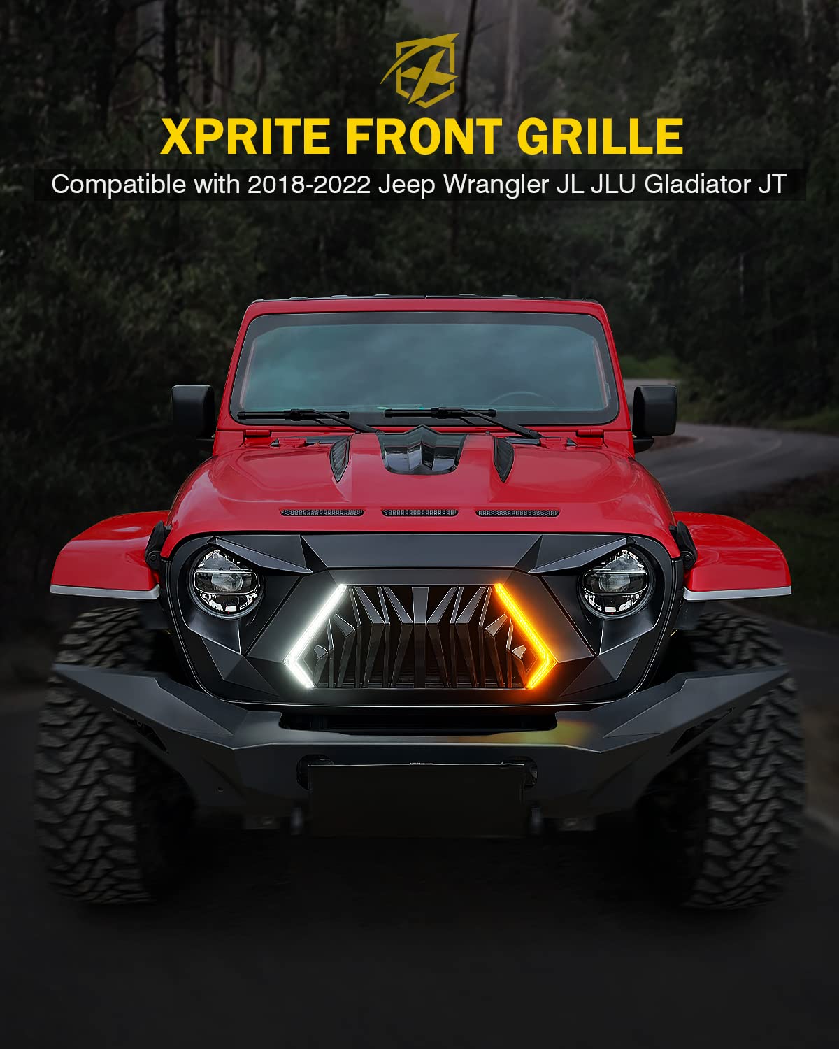 Xprite - Parrilla frontal de repuesto compatible con Jeep Wrangler JL JLU y 2020+ Gladiator JT, parrilla de tiburón negro mate con luz para correr y intermitentes