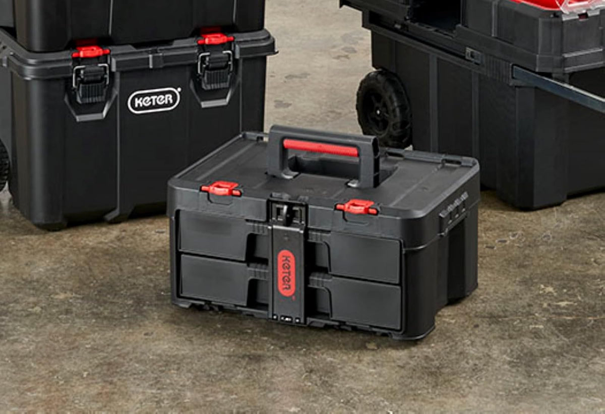 Keter Stack-n-Roll - Caja de herramientas de dos cajones para piezas pequeñas y accesorios de herramientas eléctricas, se adapta al sistema modular de almacenamiento de herramientas Keter