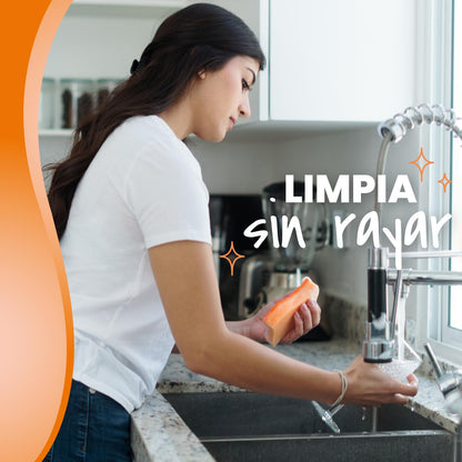 Command 3M Sujeta Esponja de Cocina + Scotch-Brite Fibra Esponja Cero Rayas Naranja Grande 1 pieza