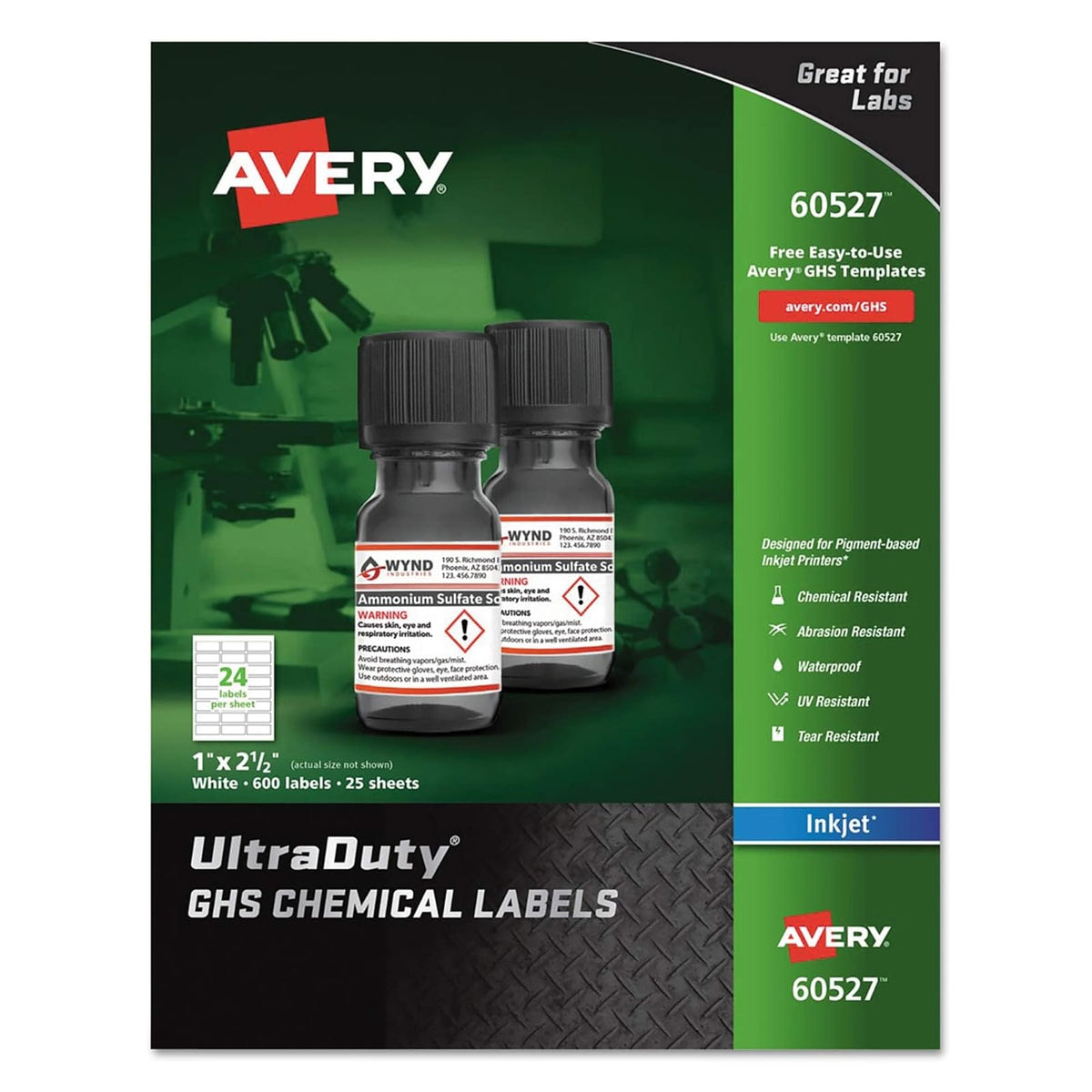Avery UltraDuty GHS Etiquetas químicas para impresoras de inyección de tinta pigmentada, impermeables, resistentes a los rayos UV, 1 x 2.5, paquete de 600 (60527) - 1" x 2-1 - 2"