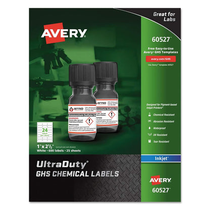Avery UltraDuty GHS Etiquetas químicas para impresoras de inyección de tinta pigmentada, impermeables, resistentes a los rayos UV, 1 x 2.5, paquete de 600 (60527) - 1" x 2-1 - 2"