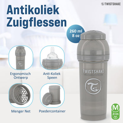 Twistshake Biberón Anticólicos de 260 ml | Tetina de Silicona Similar al Pecho | Mamila de Flujo Medio 2+ Meses | Hecho de Plástico Libre de BPA | Ideal para Lactancia Normal | Piezas Intercambiables