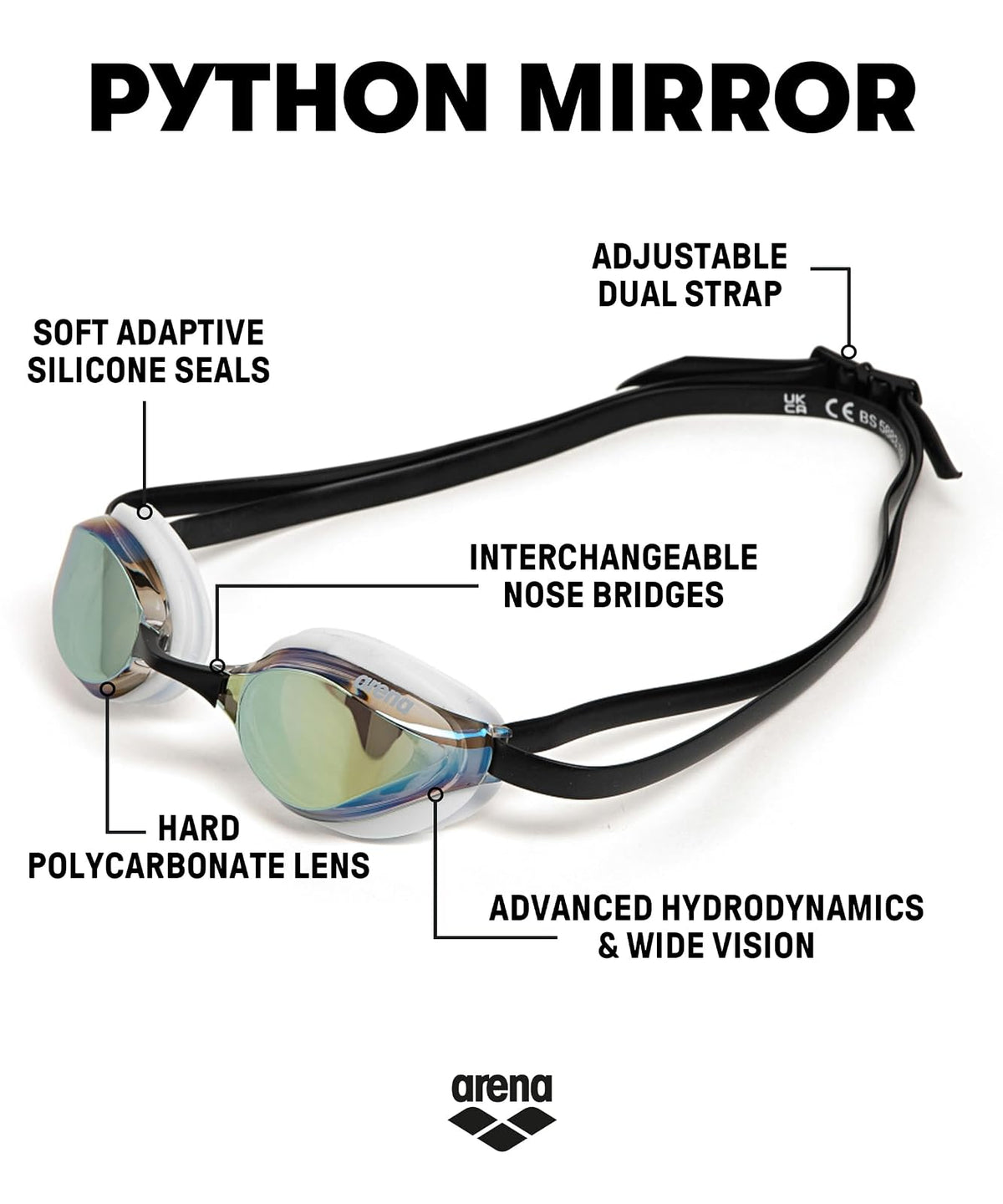 Arena Unisex Python Racing Swim Goggles for Men and Women Anti-Fog No Leak Max Comfort Dual Strap, Mirror/Non-Mirror Lens
