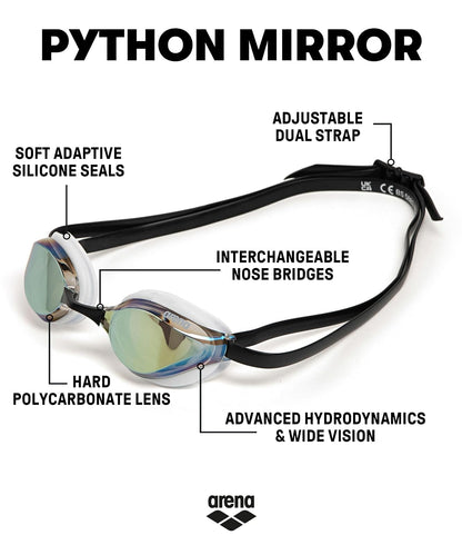 Arena Unisex Python Racing Swim Goggles for Men and Women Anti-Fog No Leak Max Comfort Dual Strap, Mirror/Non-Mirror Lens