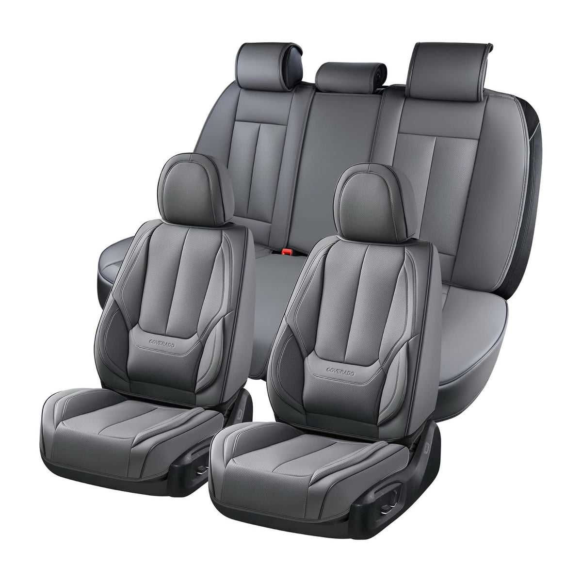 Coverado Juego Completo de Fundas de Asiento de Coche, Fundas de Asiento para Coches, Protector de Asiento de Coche Gris, Impermeable, cojín de Asiento de Coche de Piel de Nappa, Fundas de Asiento - Gris - FullSet