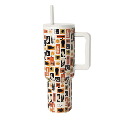 Simple Modern Trek Vaso Térmico con Asa y Popote, Acero Inoxidable, 890-1180 ml - 1180ml - Spooky Stamps on Cream