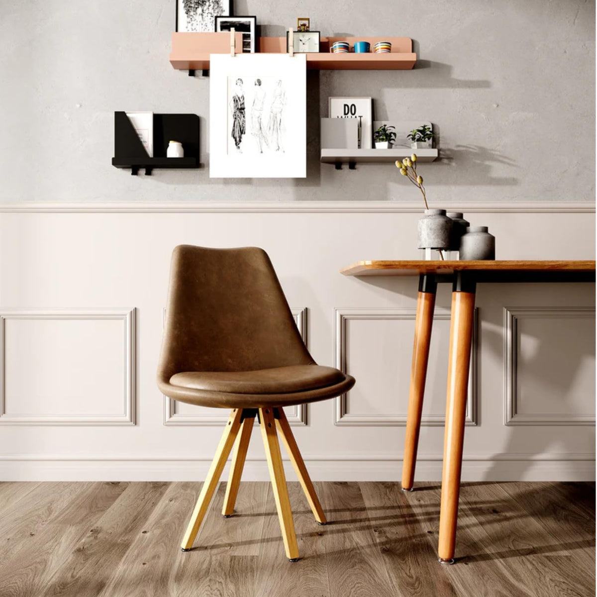 Sochic Silla Helsinki de Comedor con Asiento Acolchado en Vinipiel Café y Patas de Madera de Haya