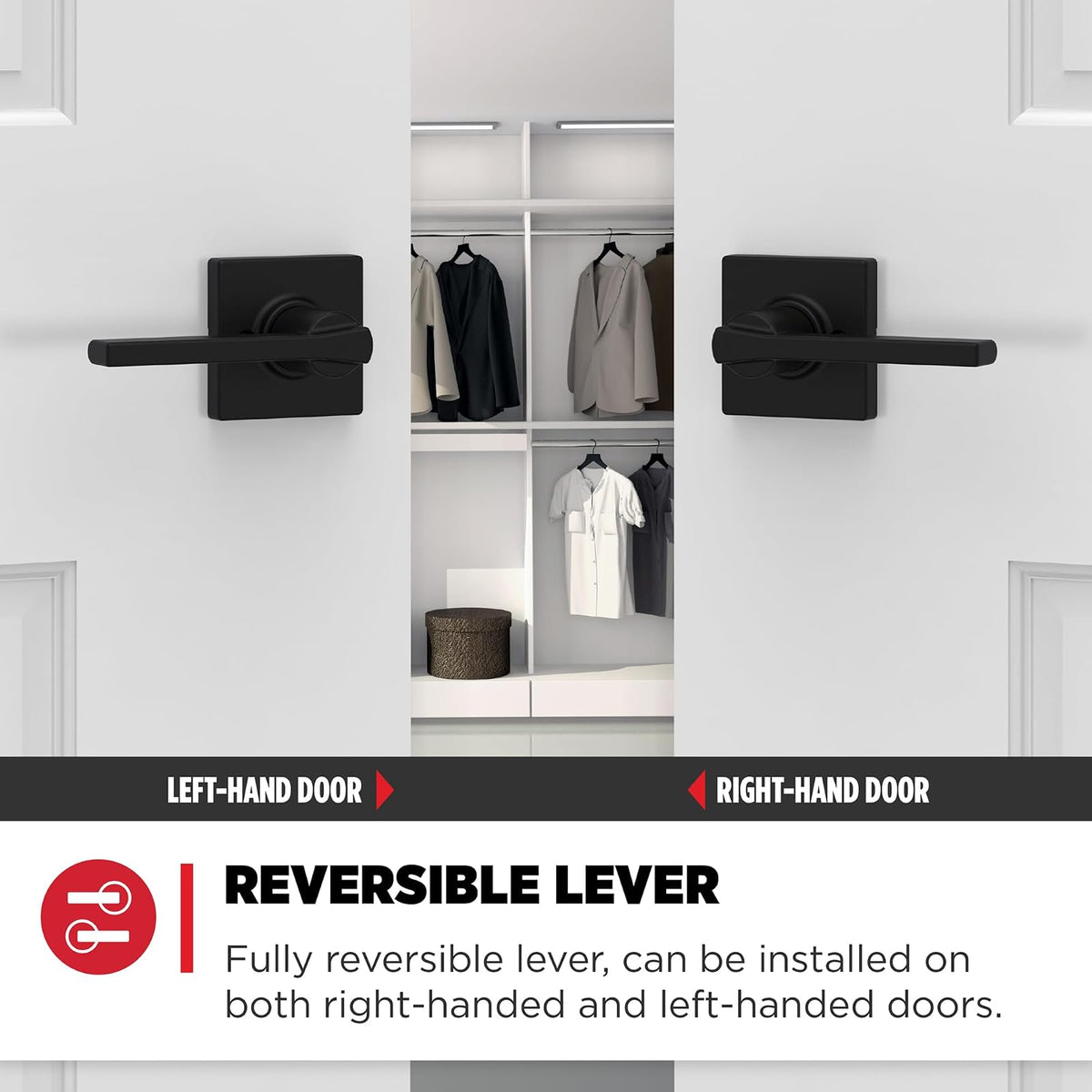 Kwikset Casey - Manija de puerta de paso interior (4 unidades, palanca para puertas de clóset y pasillo, palanca reversible sin bloqueo, color negro mate, con protección Microban
