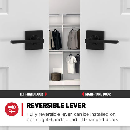 Kwikset Casey - Manija de puerta de paso interior (4 unidades, palanca para puertas de clóset y pasillo, palanca reversible sin bloqueo, color negro mate, con protección Microban