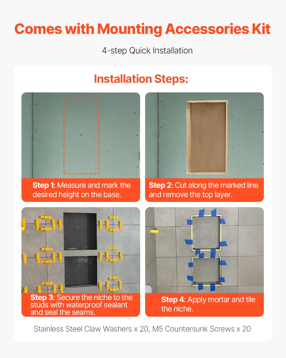 VEVOR Nicho de ducha, 40,6 x 81,2 cm + 40,6 x 81,2 cm, nicho de pared empotrado con estante móvil, organizador moderno de 10,16 cm de grosor para jabón y champú, esquinas cuadradas