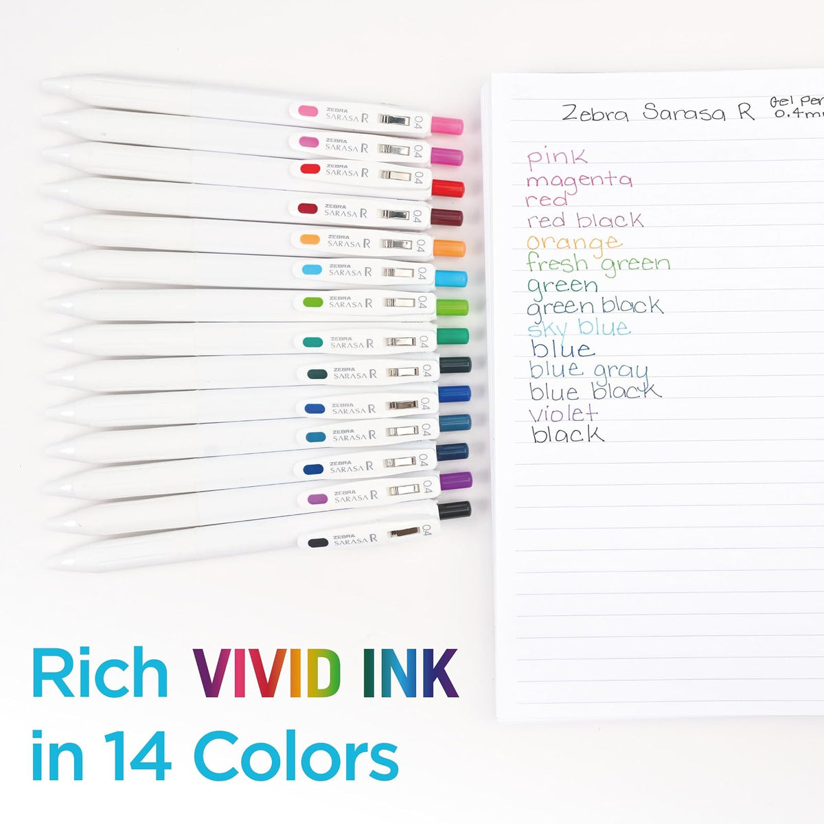 Zebra Pen Sarasa R - Bolígrafo de gel retráctil, punta extrafina de 0,4 mm, suministros escolares y diarios, agarre de goma, clip de carpeta, tinta resistente al agua surtida, paquete de 14 (47714)