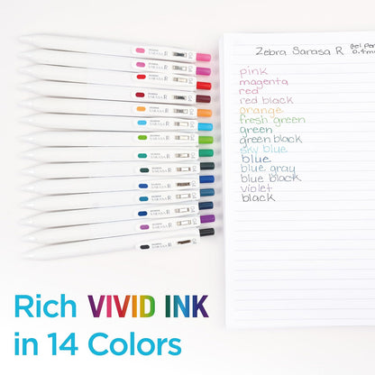 Zebra Pen Sarasa R - Bolígrafo de gel retráctil, punta extrafina de 0,4 mm, suministros escolares y diarios, agarre de goma, clip de carpeta, tinta resistente al agua surtida, paquete de 14 (47714)