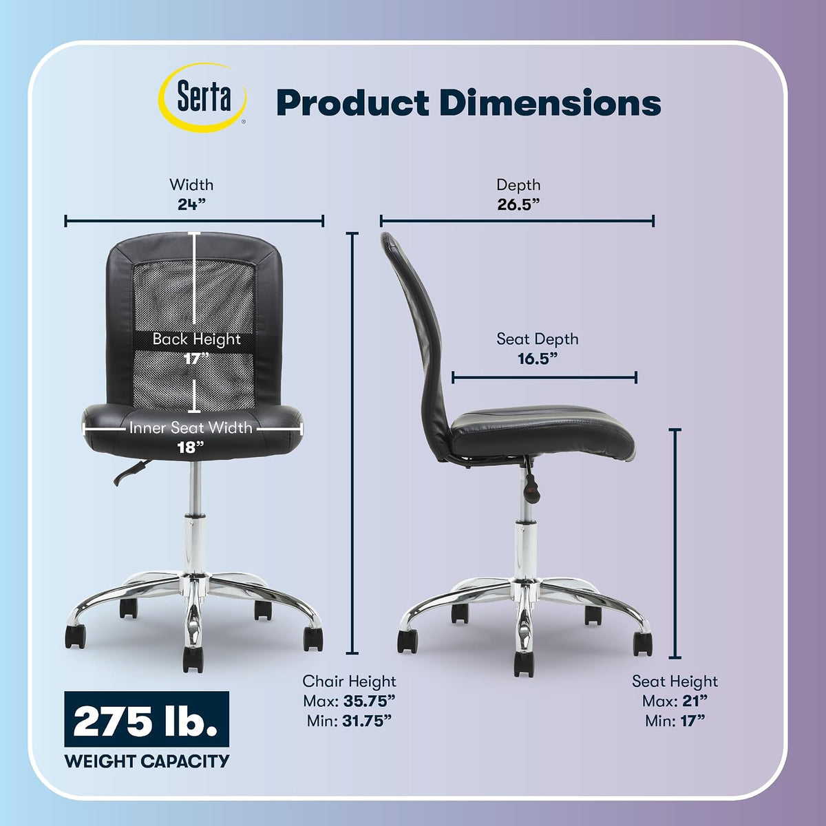 Serta Essentials Ergonomic Armless Low-Back Computer Swivel Task Chair, Faux Leather and Mesh, Black
