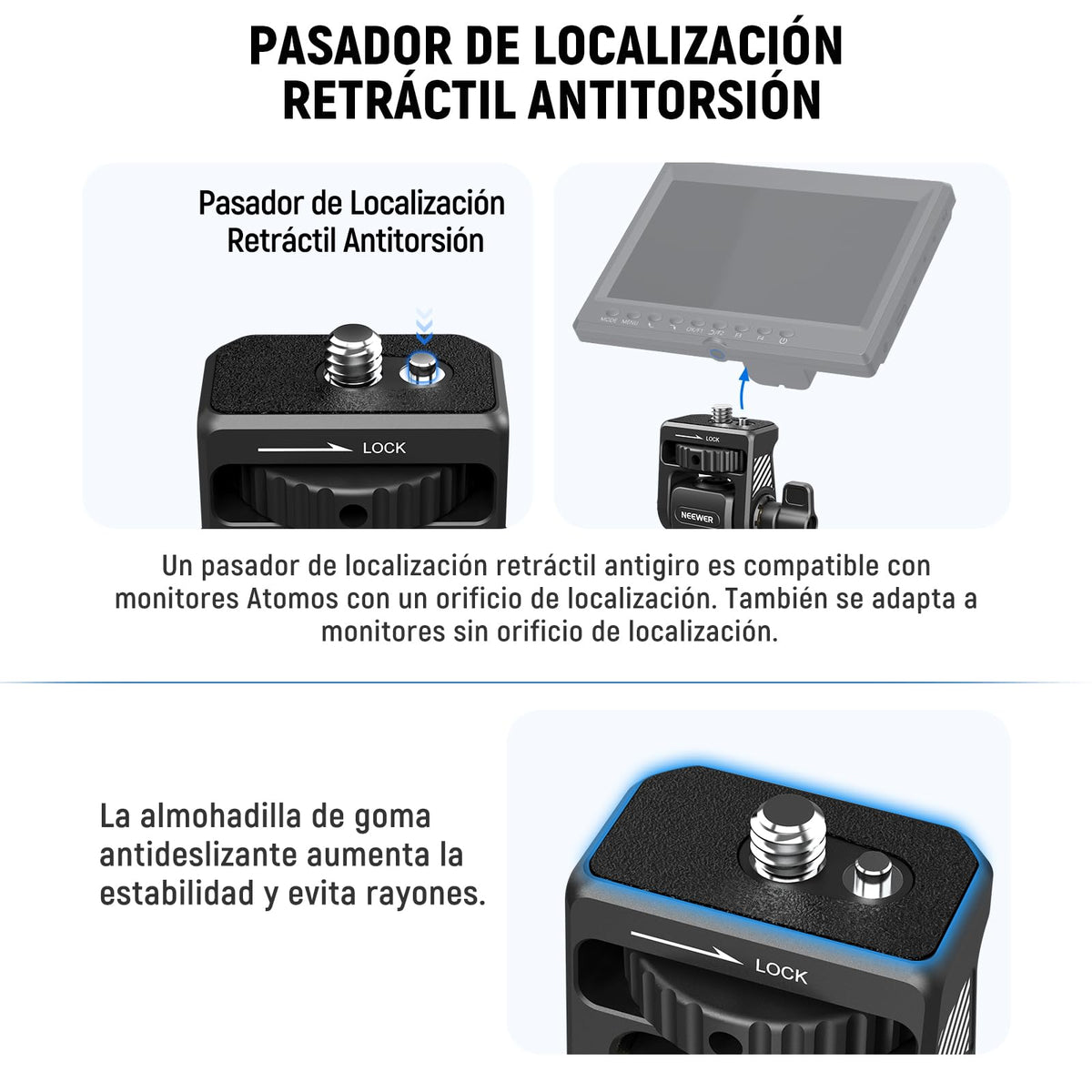 NEEWER Montaje de Monitor Campo Mejorado con Tornillo 1/4", Giro 360°, Inclinación 180°, Tornillo Antigiro Compatible con Atomos Ninja 5" y 7" Monitor de Cámara, Jaula para Cámara, MA021