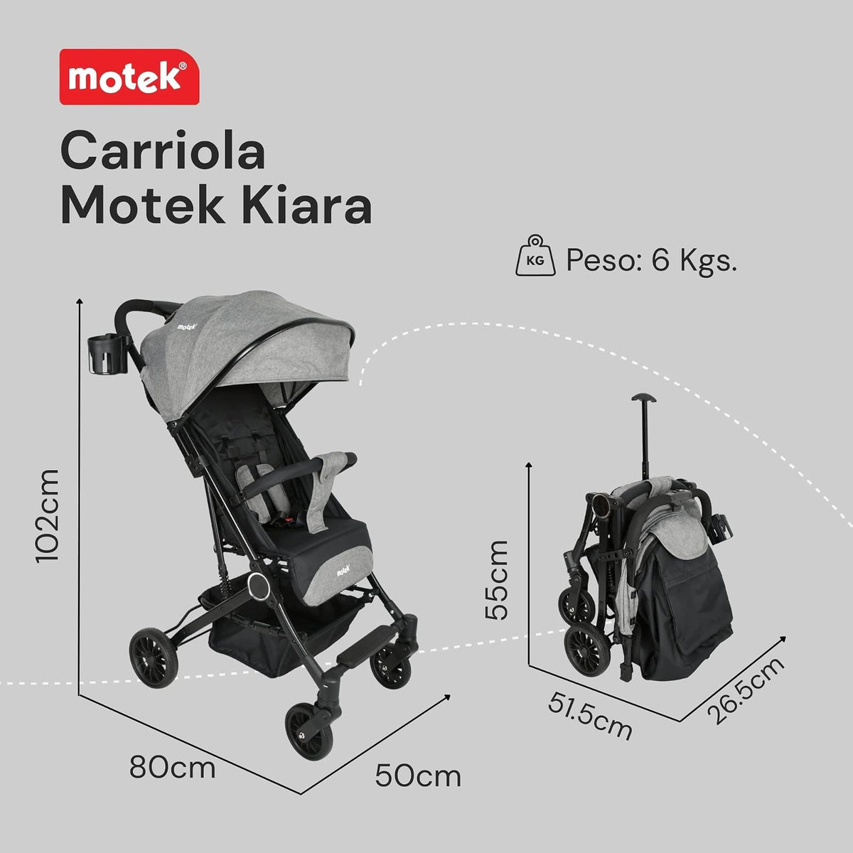 Motek Carriola Ligera de Viaje Kiara, Plegado a una Mano, Reclinado de 175°, Diseño Compacto Tipo Maleta con Manija de Transporte, Gris