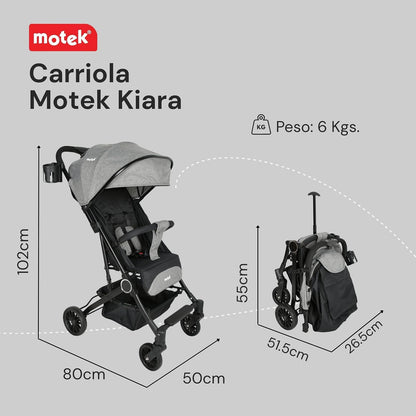 Motek Carriola Ligera de Viaje Kiara, Plegado a una Mano, Reclinado de 175°, Diseño Compacto Tipo Maleta con Manija de Transporte, Gris