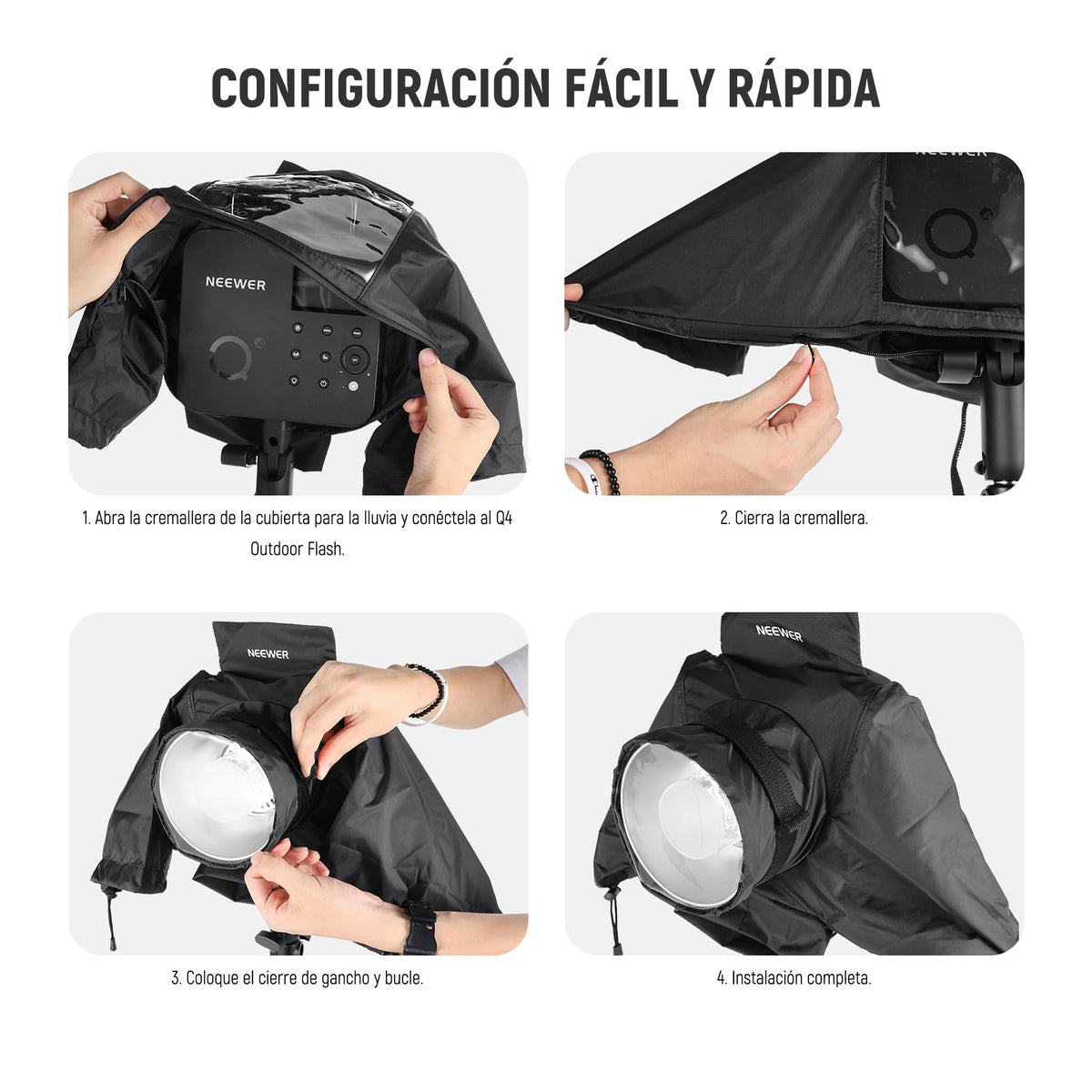 NEEWER Cubierta de Lluvia para Flash Strobe Exterior Q4, Impermeable Lente Cámara Nylon con Ventana Visual, Mangas, Cierres Táctiles, Cordones, Solo Compatible con NEEWER Q4 Luz Estroboscópica, CQP1