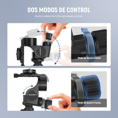 NEEWER Cabezal de trípode de 3 vías con placa QR tipo Pan Arca de 360°, microajuste milimétrico, cabezal de inclinación de 3 ejes de aleación de aluminio con interruptor rápido, modos dobles grandes y