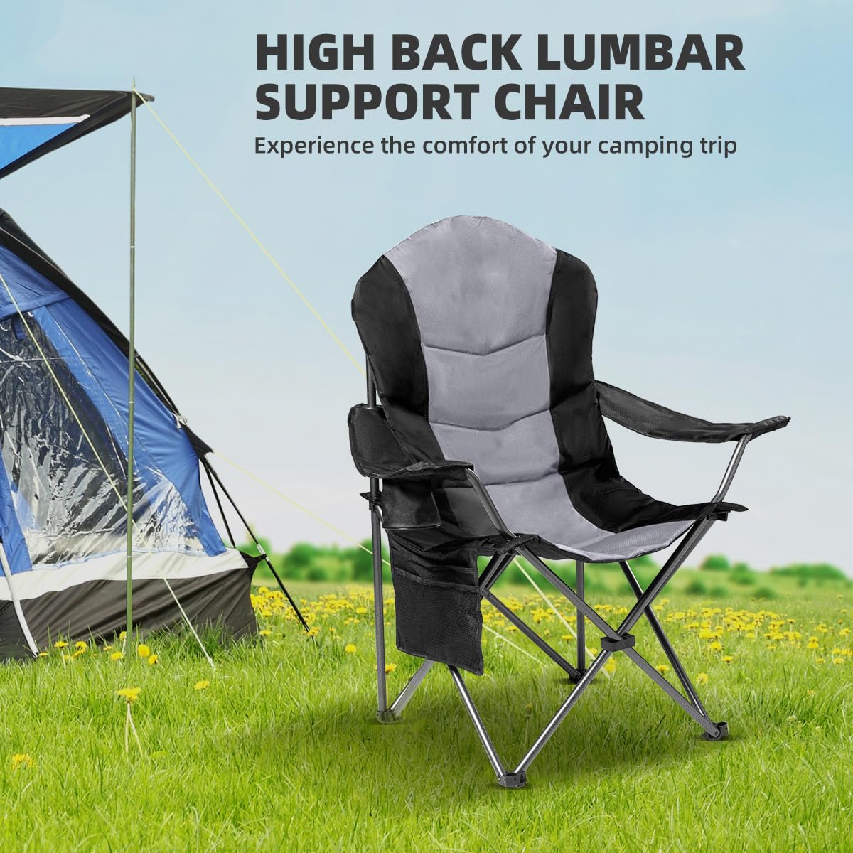 Foristrail - Juego de 2 sillas Plegables para Acampar para Adultos, Respaldo Alto Acolchado para Exteriores con Soporte Lumbar y Soporte para Tazas, Juego de sillas de Camping portátiles Resistentes