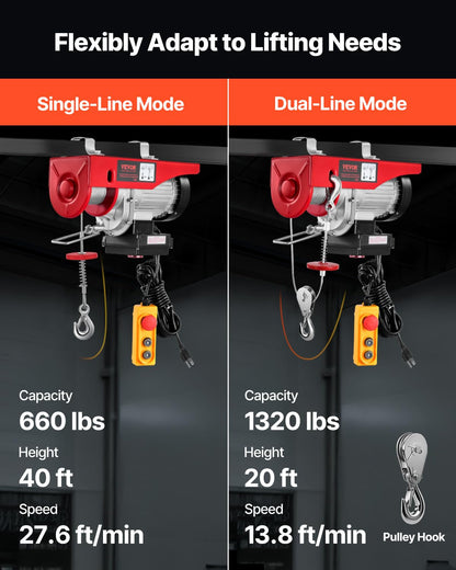 VEVOR - Polipasto eléctrico, cabrestante eléctrico de 120 V de 100 m inalámbrico y control remoto con cable de 100 m, altura de elevación de un solo cable de 40 pies, eslingas individual/dobles,