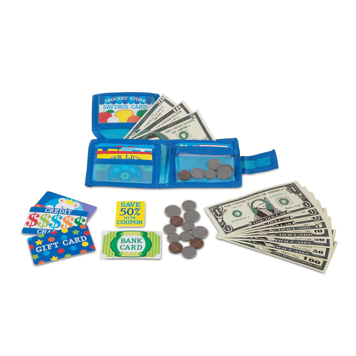 Melissa & Doug Billetera para Simular-Hacer-Gastos, Juguete de Simulación de Compras, más de 40 Piezas