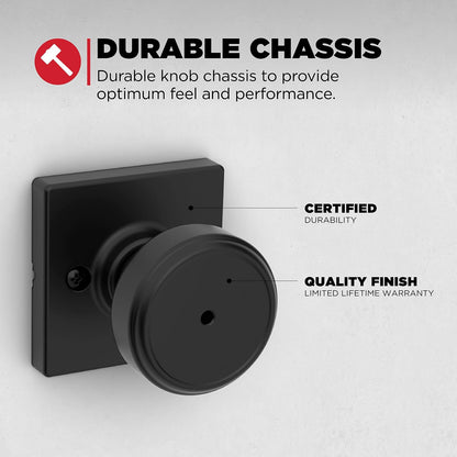 Kwikset Maven - perilla de puerta de privacidad interior con cerradura, manija de puerta cuadrada para baño y recámara, perilla de puerta sin llave negro mate, con protección Microban