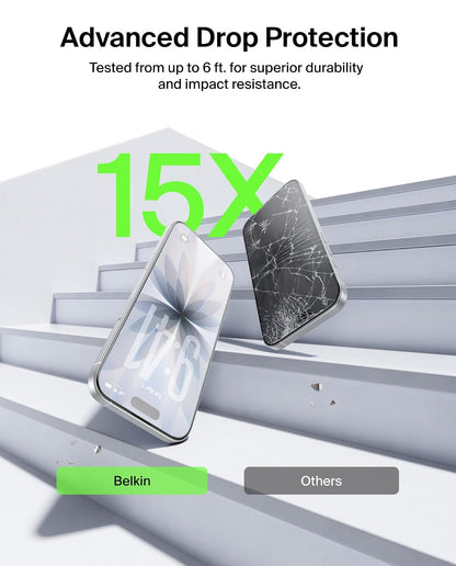 Belkin ScreenForce Protector de visualización de vidrio templado para iPhone 17/16 Pro, protección contra impactos resistente a los arañazos con bandeja de alineación fácil para aplicación sin