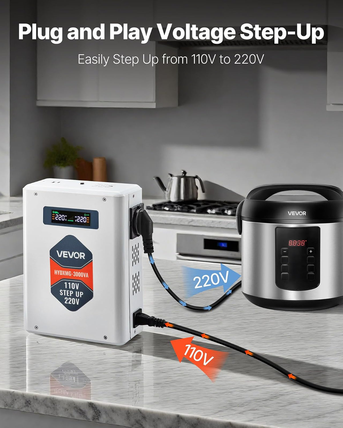 VEVOR Convertidor Elevador de Voltaje 3000 VA, Transformador de Potencia 110 V a 220 V de Alta Resistencia con 2 Tomas de Corriente de la UE, Salida USB, Pantalla LCD, Protección de Temperatura