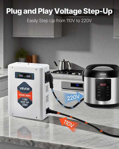 VEVOR Convertidor Elevador de Voltaje 3000 VA, Transformador de Potencia 110 V a 220 V de Alta Resistencia con 2 Tomas de Corriente de la UE, Salida USB, Pantalla LCD, Protección de Temperatura