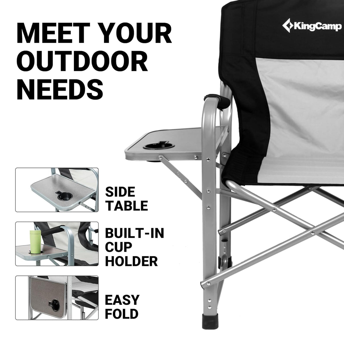 KingCamp Silla Director XXL Extra Grande con Mesa Lateral, Silla de Camping Reforzada 600 LB con Bolsa Térmica, Plegable y Portátil con Asiento Ancho para Camping, Pesca, Jardín y Deportes