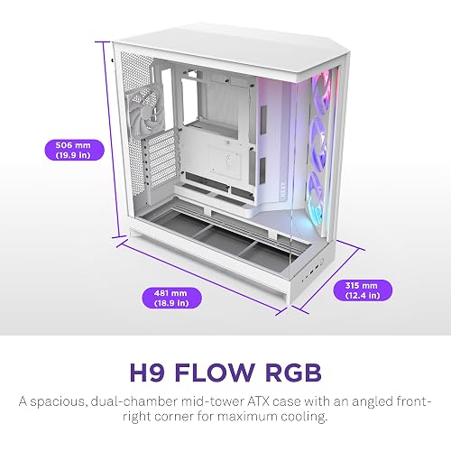 NZXT Gabinete H9 Flow RGB Blanco – ATX, Diseño Elegante con RGB, Paneles de Cristal, USB 3.2 Tipo A y Tipo C
