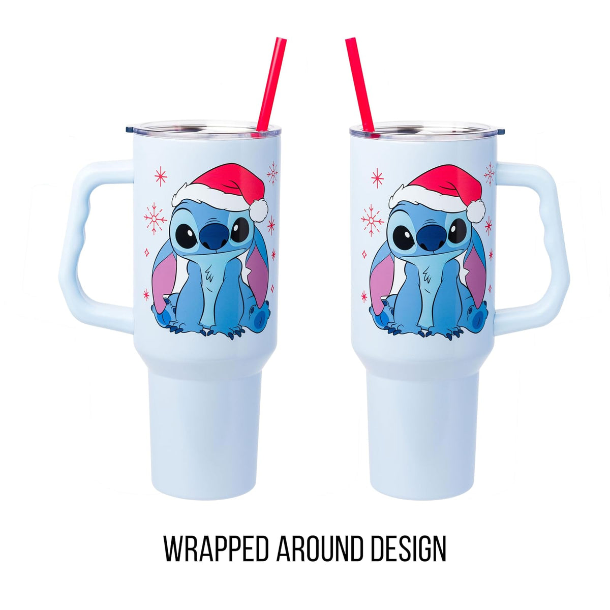 Silver Buffalo Disney Lilo and Stitch - Vaso de acero inoxidable con mango y popote, para Navidad, diseño de Papá Noel, con diseño de copos de nieve, se adapta a portavasos estándar, 40 onzas