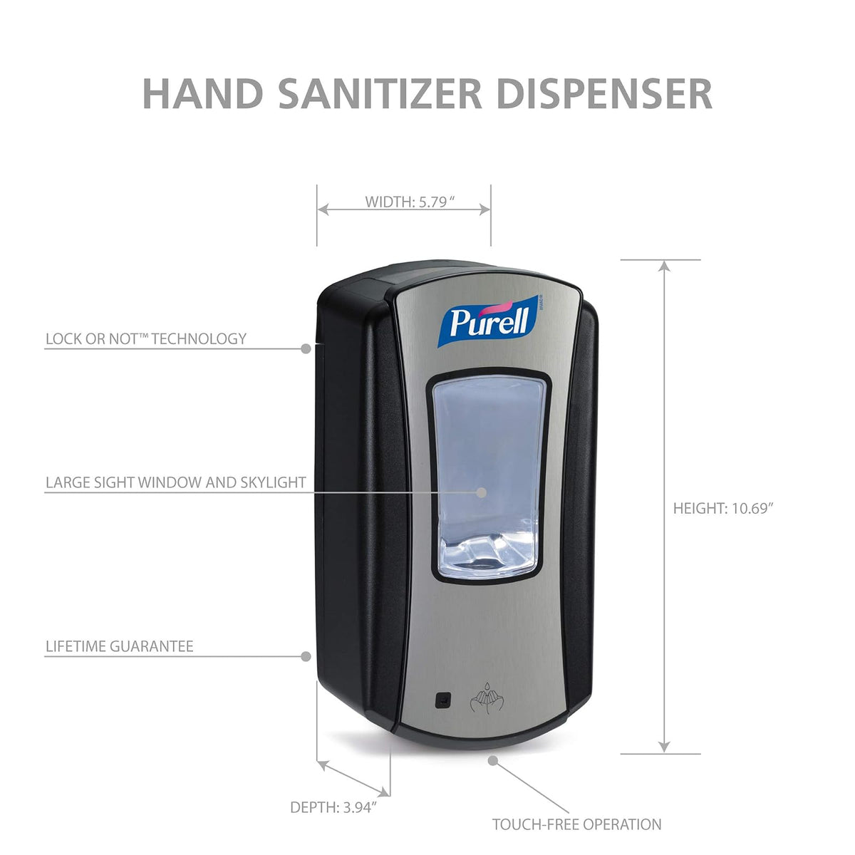 Purell LTX-12 Dispensador de desinfectante de Manos sin Tacto, Cromo/Negro, para repuestos de desinfectante de Manos LTX-12 de 1200 ml (Paquete de 1) - 1928-04