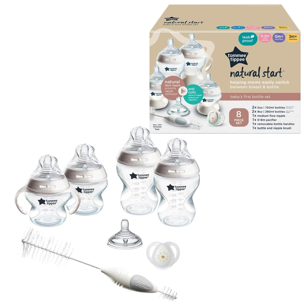Tommee Tippee Natural Start Baby’s First Bottle Set, 2 x 5oz and 2 x 9oz Anti-Colic Bottles, Slow and Medium Flow Nipples, 0-6 month Pacifier, Self-Sterilizing