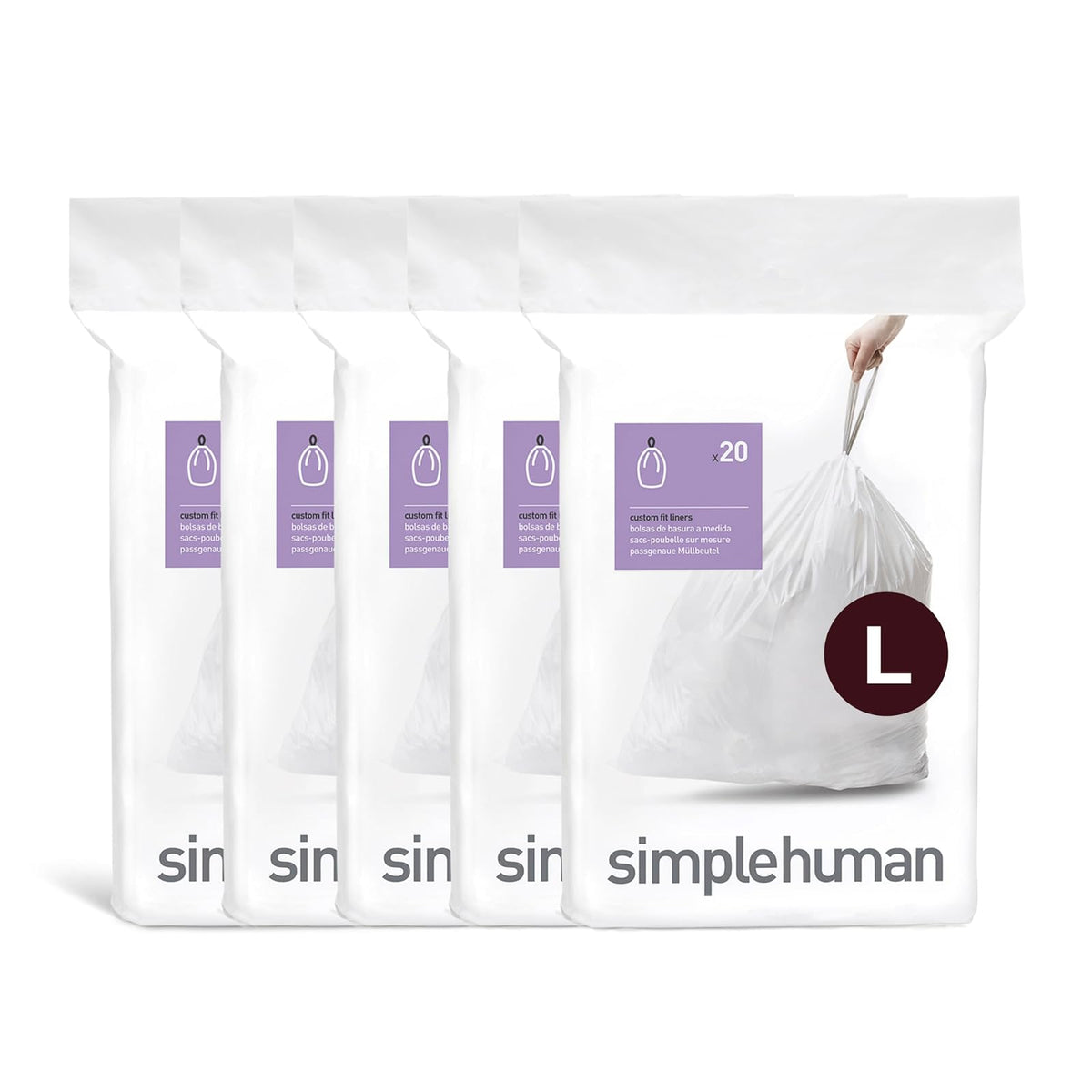 simplehuman Bolsas de Basura a la Medida Paquete de 60 - 20 Count (Pack of 5) - Código L
