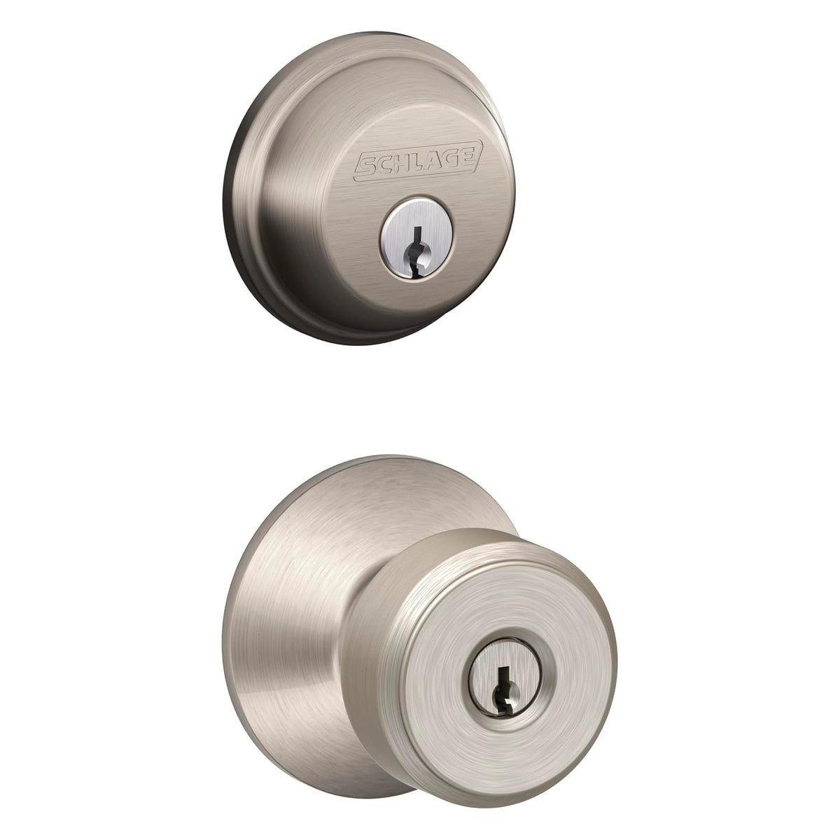 Schlage FB50 N V BWE 619 - Cerrojo de seguridad de un solo cilindro y perilla de entrada con llave, níquel satinado