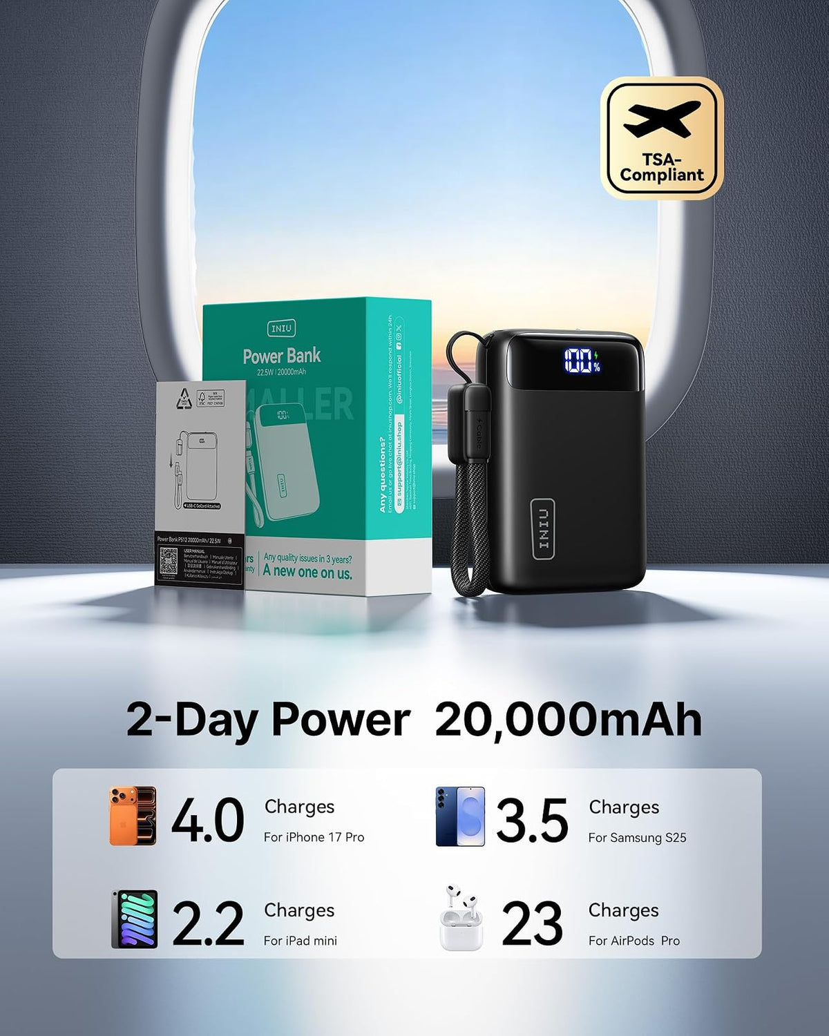 INIU Power Bank, cargador portátil más pequeño de 20000 mAh con cable USB C, 22.5 W PD paquete de batería de teléfono de carga rápida, visualización LED Powerbank para viajes Xiaomi iPhone 17 16 15 14