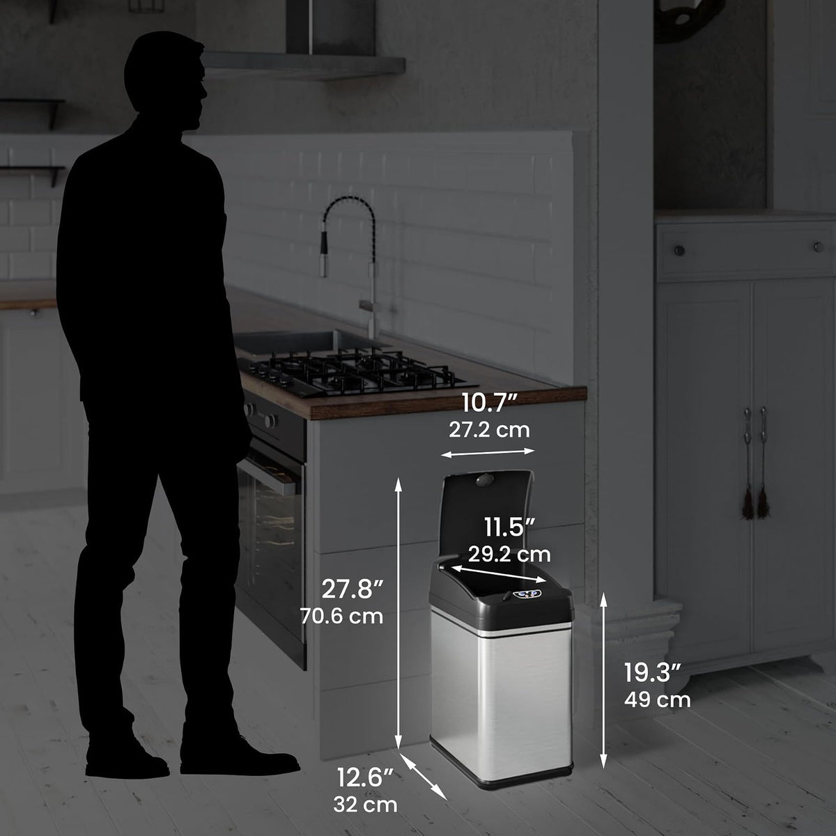 iTouchless 8 Gallon Sensor Kitchen Trash Can with AbsorbX Odor Filter, 30 Liter Locking Lid Automatic Garbage Bin, Stainless Steel, Powered by Battery and AC Adapter Not Included, for Home, Office​