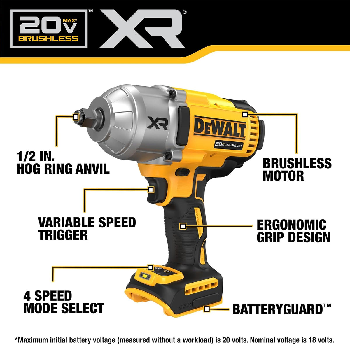 DEWALT Llave de impacto inalámbrica de 20 V MAX, 1/2 pulgadas, solo herramienta desnuda (DCF900B)