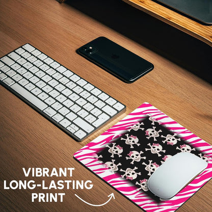 3dRose 8 x 8 x 0.25 Inches Mouse Pad, Cute Black Skulls with Bows on Pink Zebra (mp_61793_1)