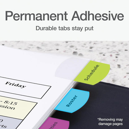 Redi-Tag 1006788) Pestañas imprimibles con láser, pestañas de índice permanente, etiquetas adhesivas personalizables, colores tropicales surtidos, 1.15 x 1.25 pulgadas, 100 por paquete