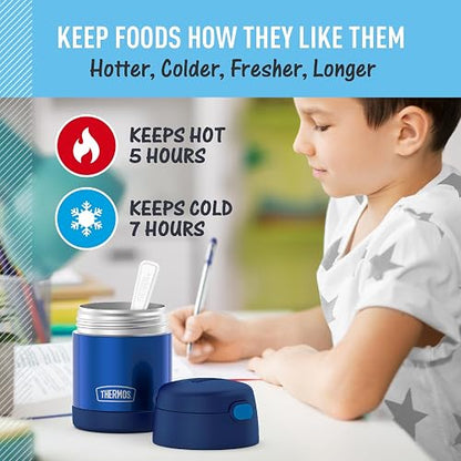 THERMOS FUNTAINER - Tarro de acero inoxidable aislado al aspiradora para niños con cuchara plegable, color azul marino