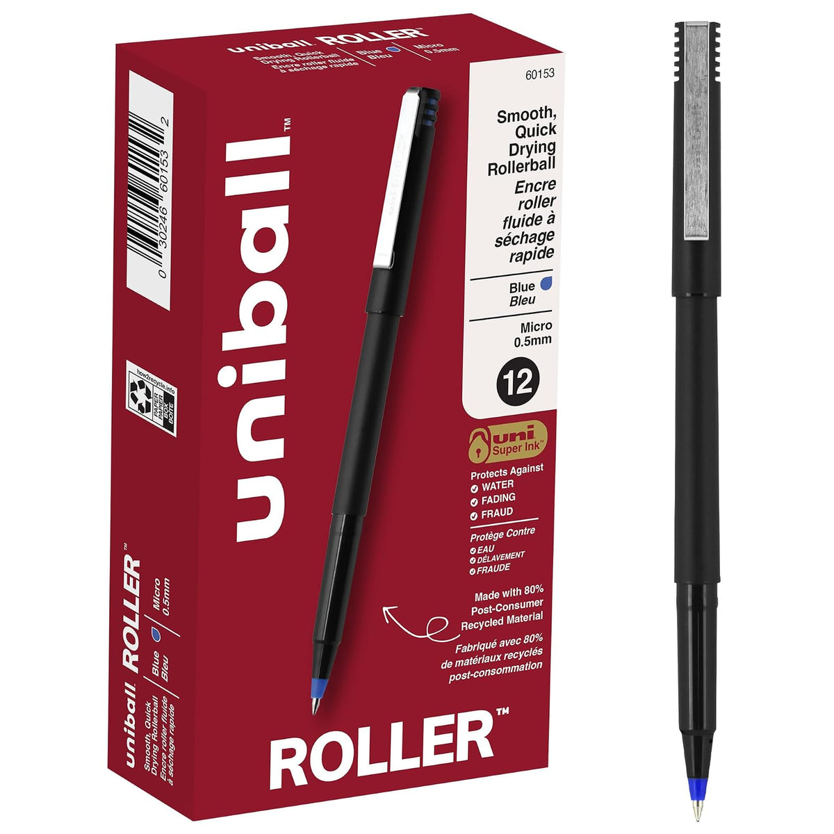 Uni-ball Stick Bolígrafo Roller Ball Punta Micro, Caja 12 - Azul