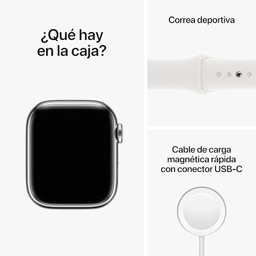 Apple Watch Series 8 (GPS + Cellular) Smartwatch con Caja de Acero Inoxidable Color Plata de 41 mm y Correa Deportiva Blanca. Apps ECG y Oxígeno en Sangre, Resistente al Agua